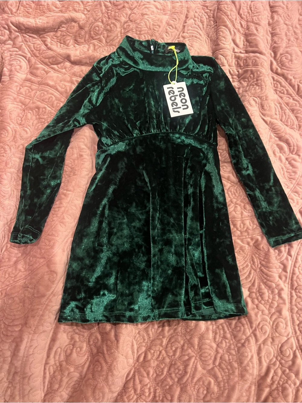 rebels Dark Green Velvet Long-Sleeve Girls Dress